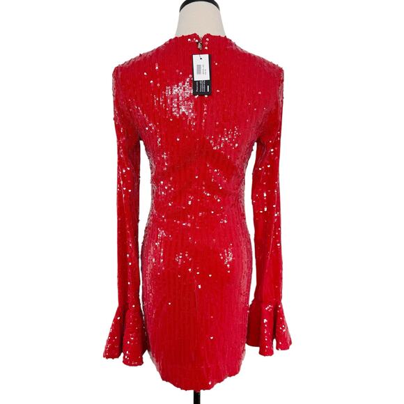 NWT ROTATE Birger Christensen Sequins Long Sleeve Mini Dress Red Cocktail Size 4 - Picture 7 of 16